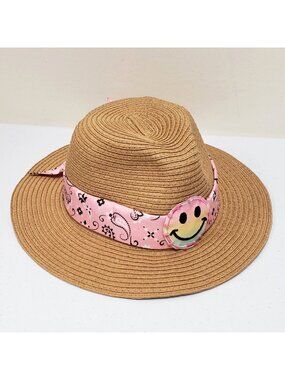 Juicy Couture Woven Straw Hat with Pink Bandana Ribbon & Smiley Face Patch